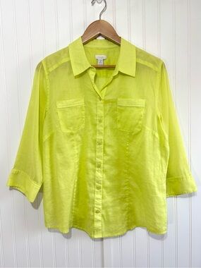Chico’s Lime Green Ramie Cotton Button Front Shirt Size 2 Large 3/4 Sleeve